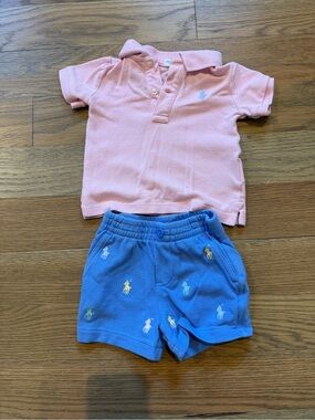 Ralph Lauren Pink Polo Top with Blue Embroidered Pony Shorts